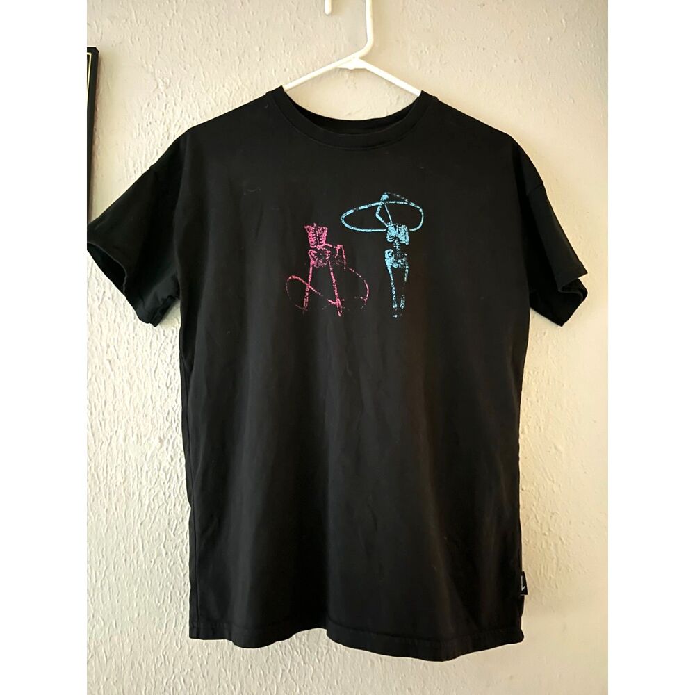 Smith & Rogue Mens Black Graphic T-Shirt Neon Pink Blue Skeletons Tee